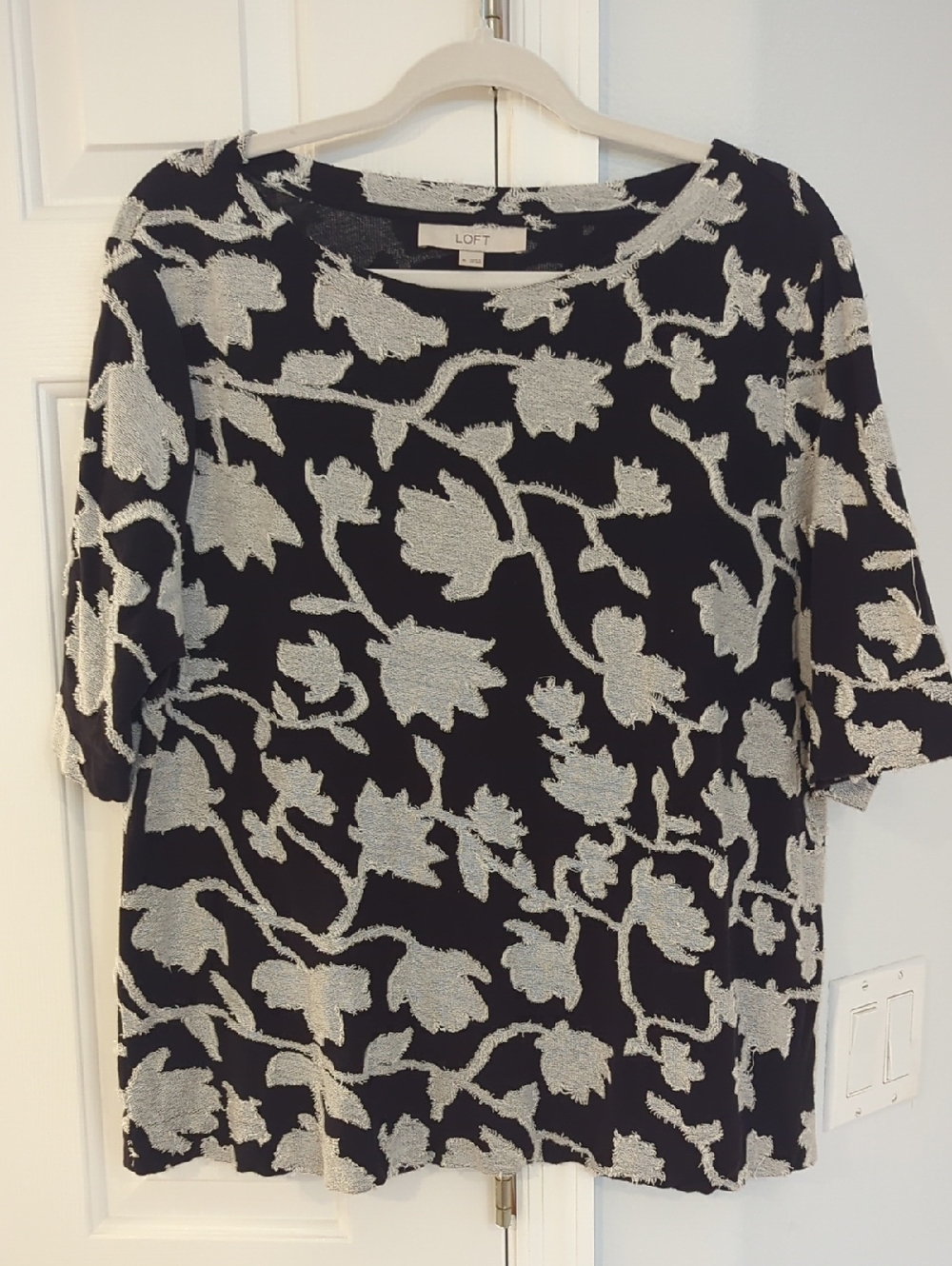 LOFT Black Top with White Floral Jacquard